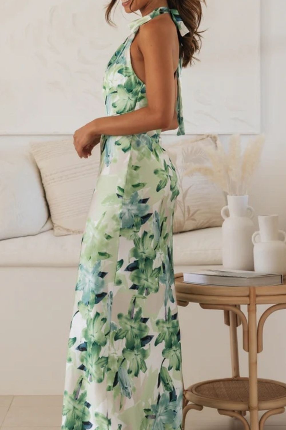 Floral Print Halter Neck Maxi Dress with Slit