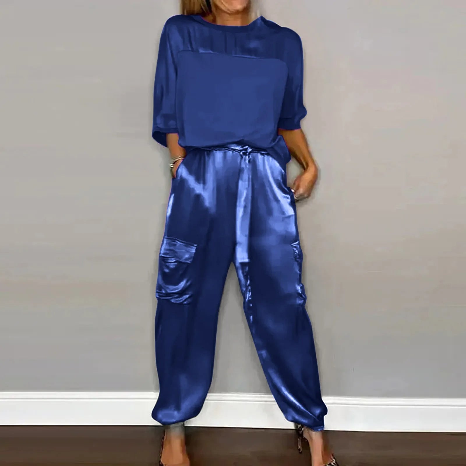 Zweiteiler Satin Bluse Blau