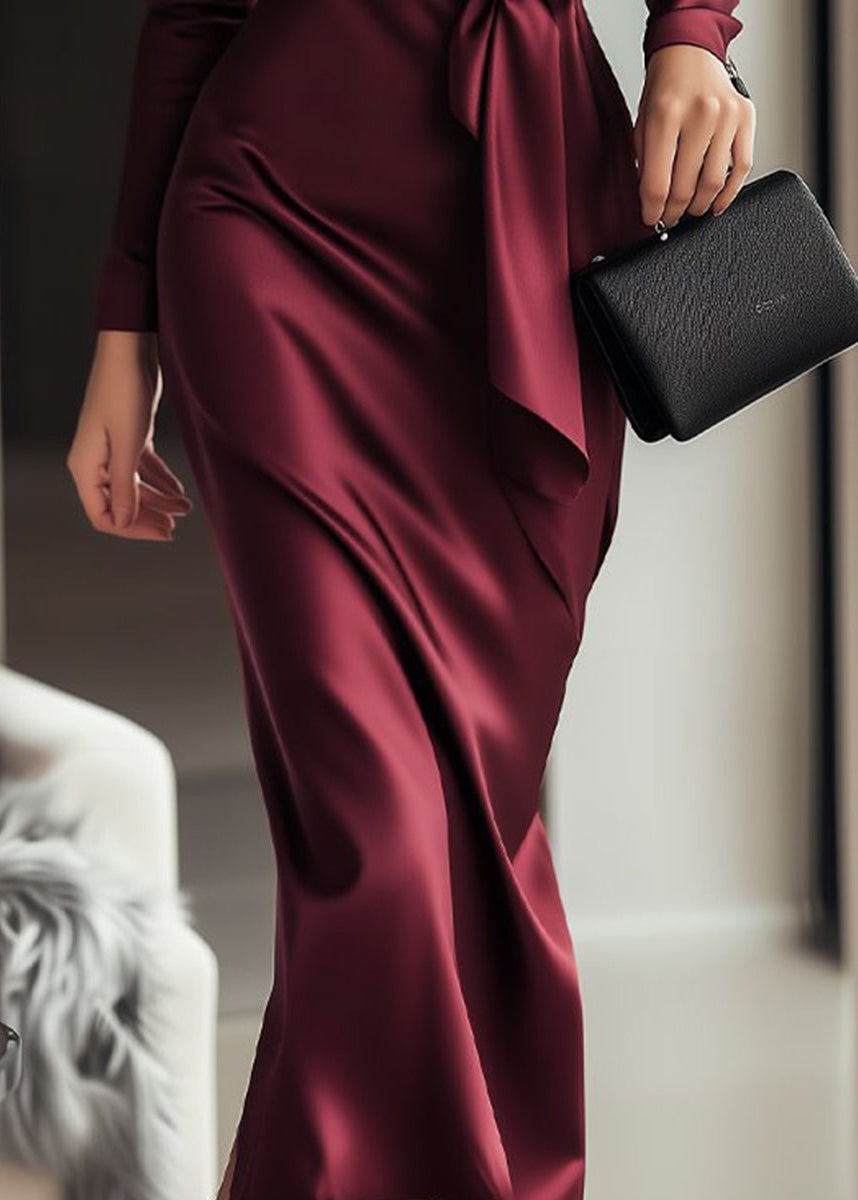 Long Sleeve Satin Wrap Dress with Waist Tie