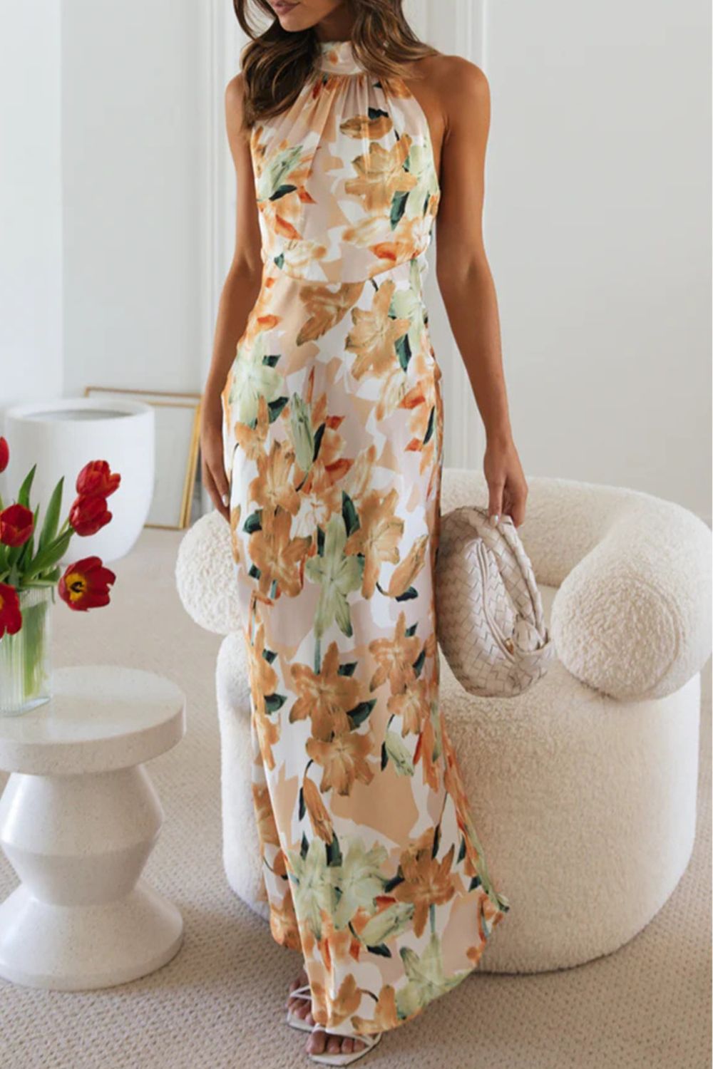 Floral Print Halter Neck Maxi Dress with Slit