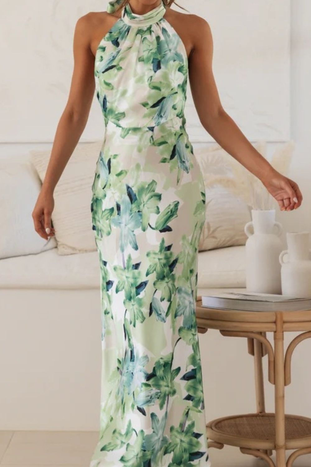Floral Print Halter Neck Maxi Dress with Slit