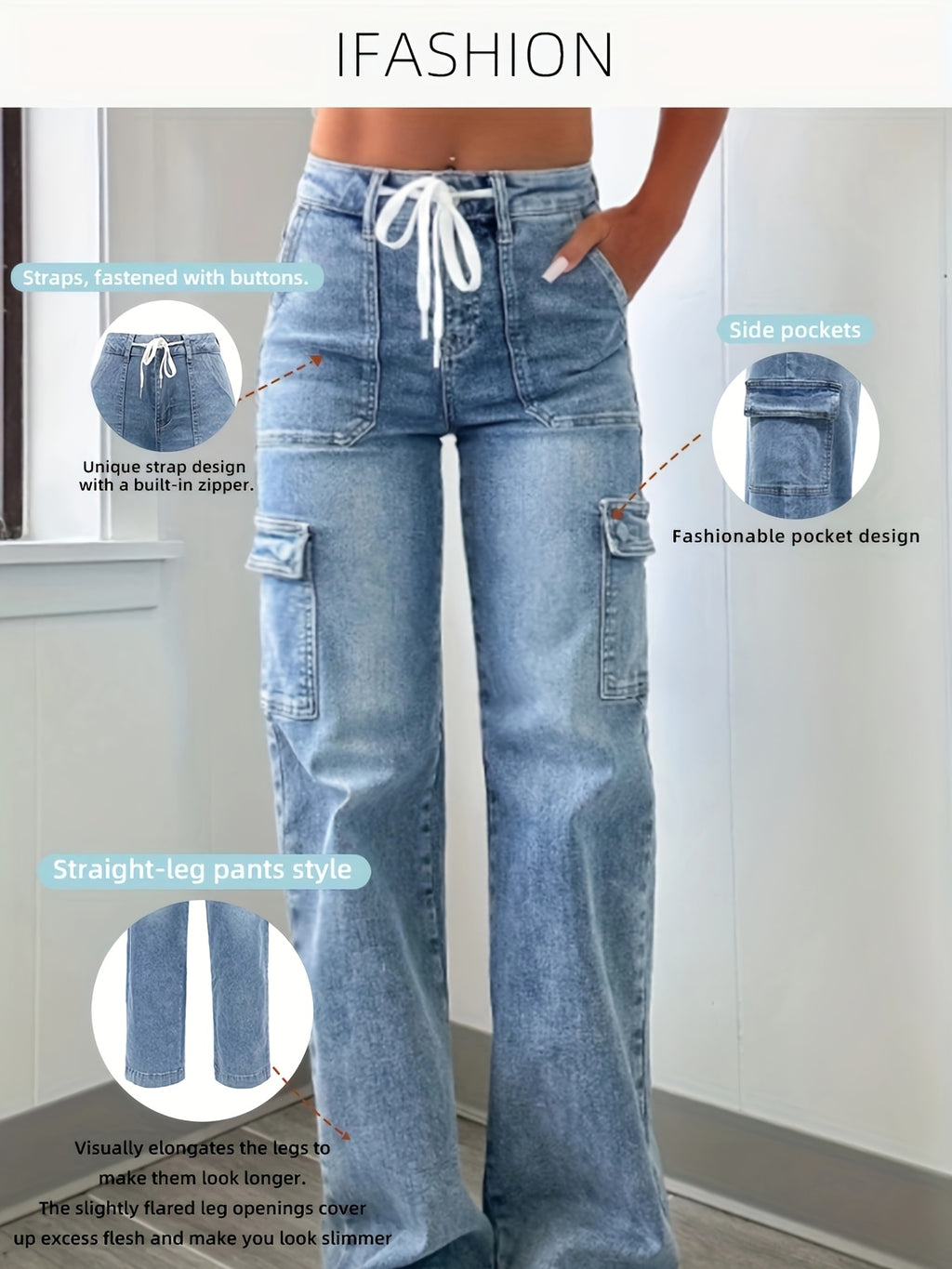 Lässige Cargo Jeans mit Kordelzug und vielen Taschen