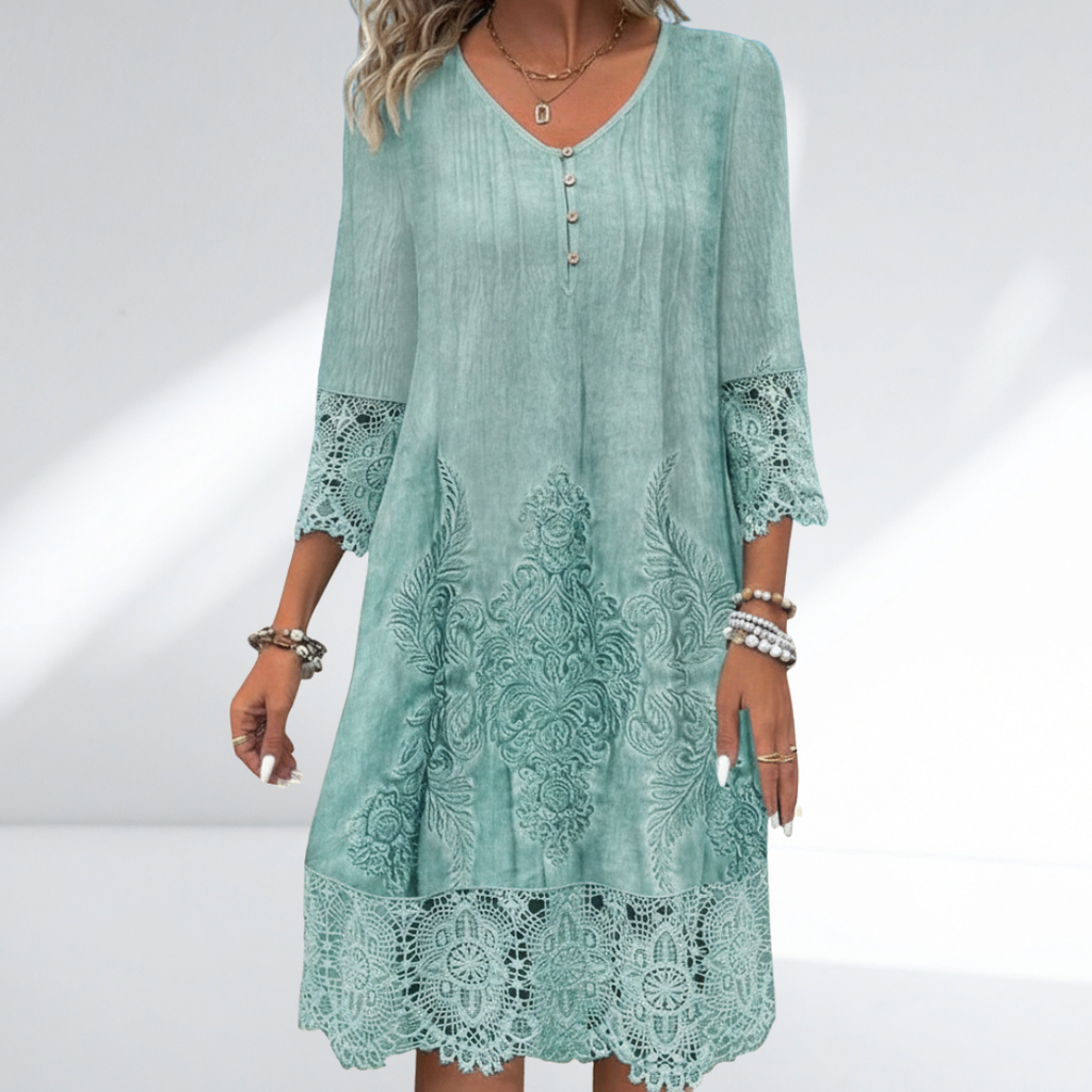 Lace Trim Embroidered Boho Three-Quarter Sleeve Dress