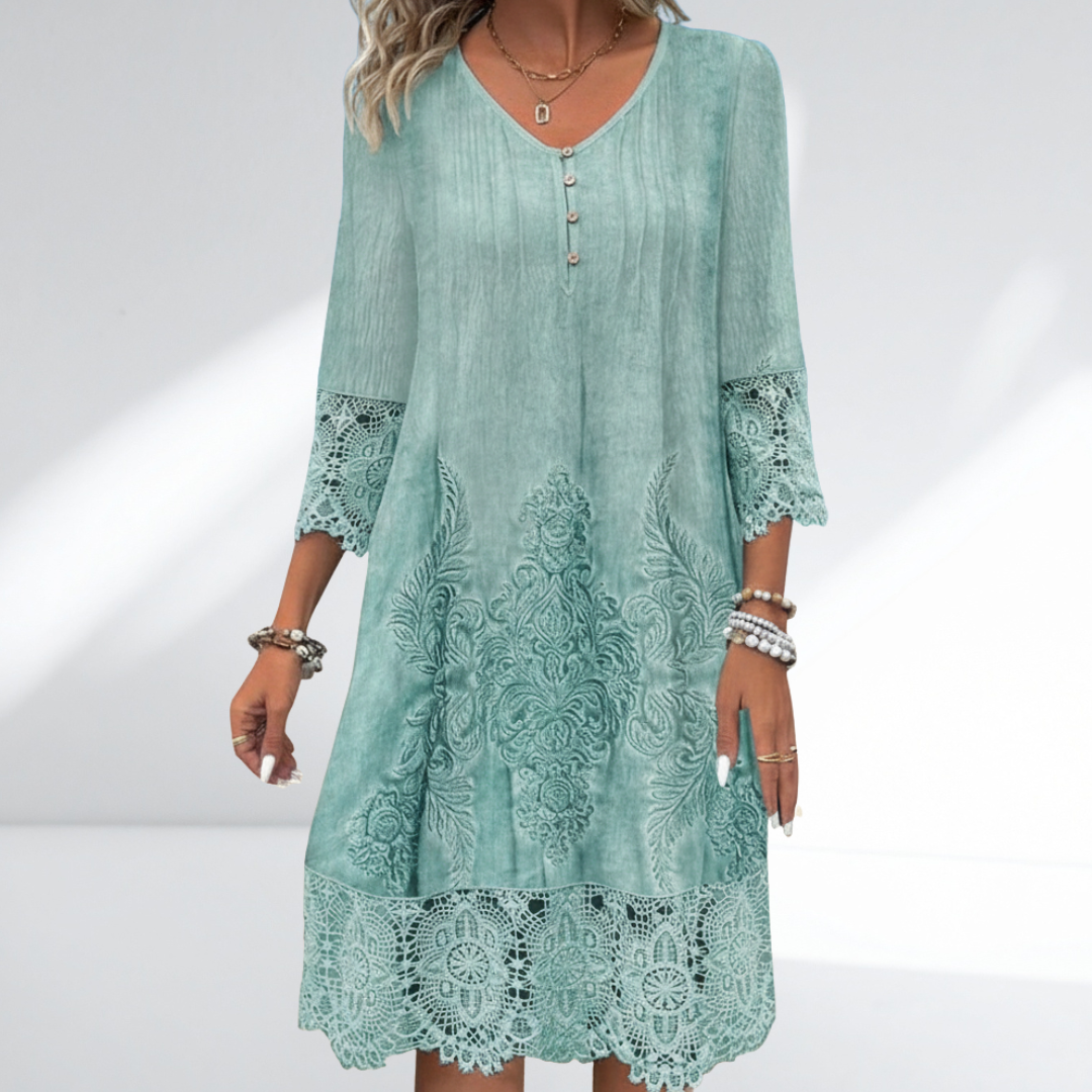 Lace Trim Embroidered Boho Three-Quarter Sleeve Dress