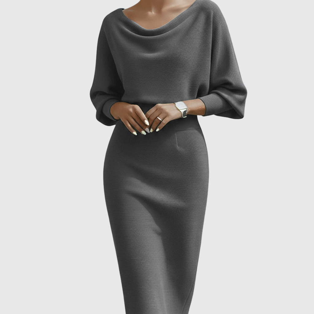Kleid Strick Midi drapiert Grau