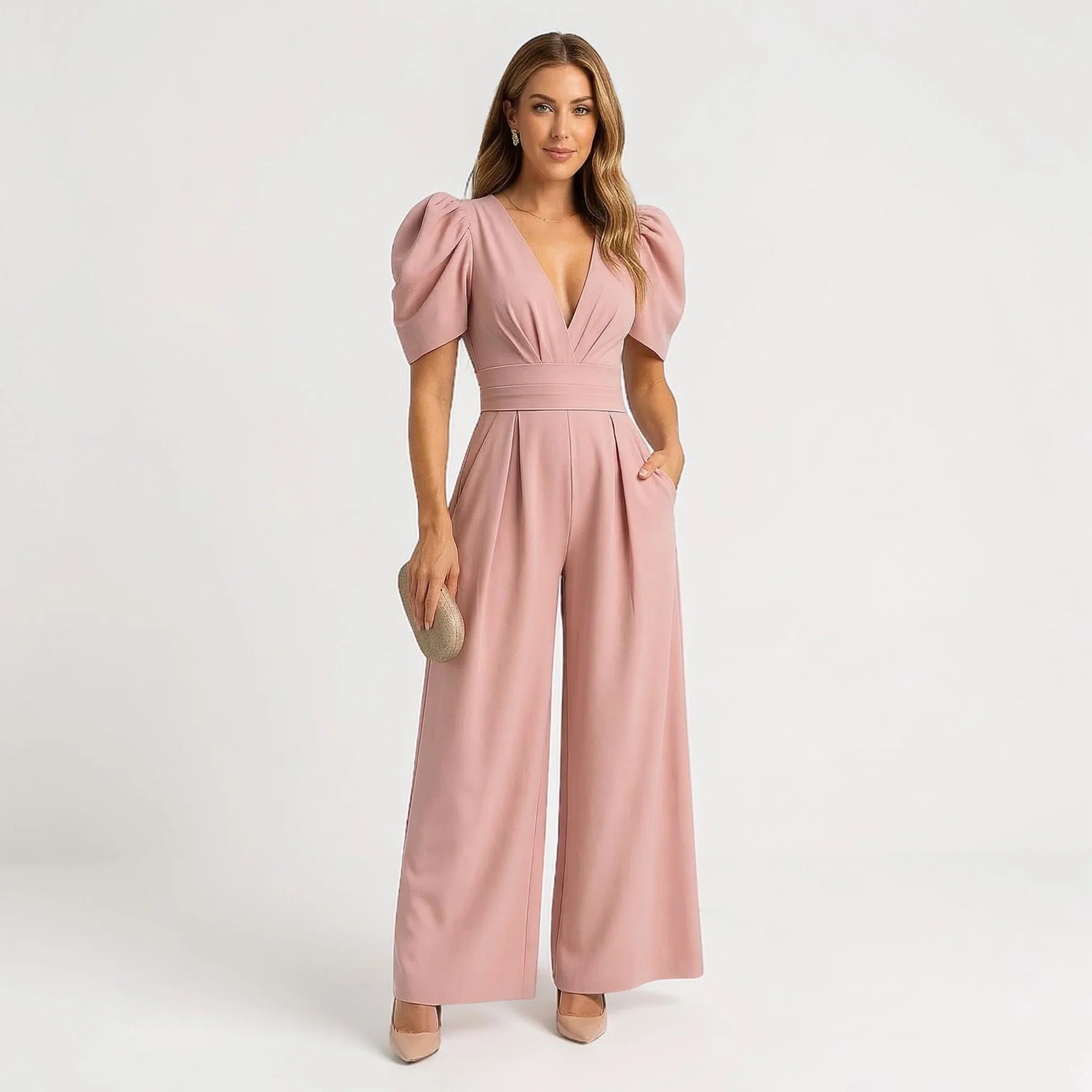 Wide-Leg Puff Sleeve Tailored Jumpsuit