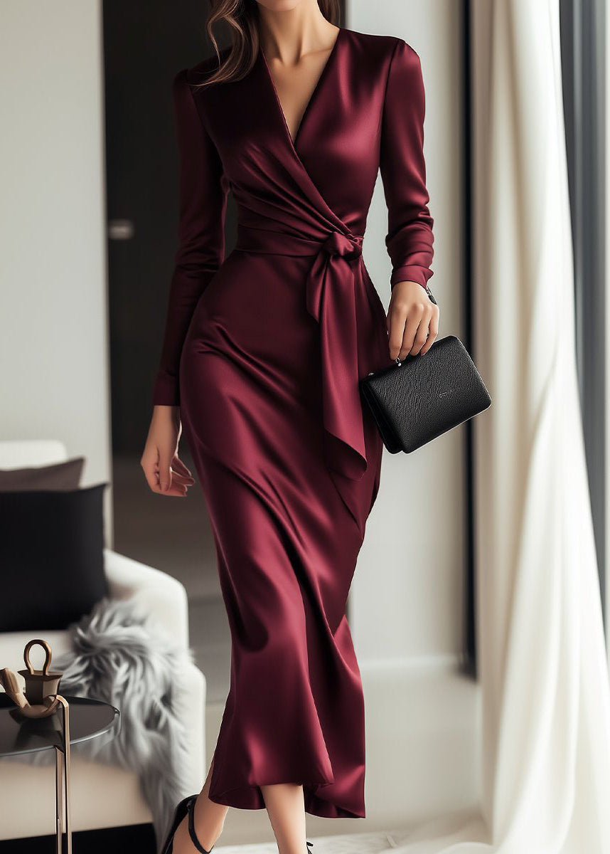 Long Sleeve Satin Wrap Dress with Waist Tie