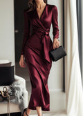 Long Sleeve Satin Wrap Dress with Waist Tie