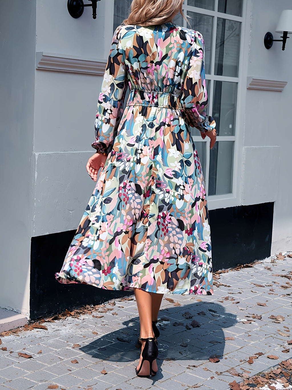 Floral Print Long Sleeve Wedding Guest Midi Dress