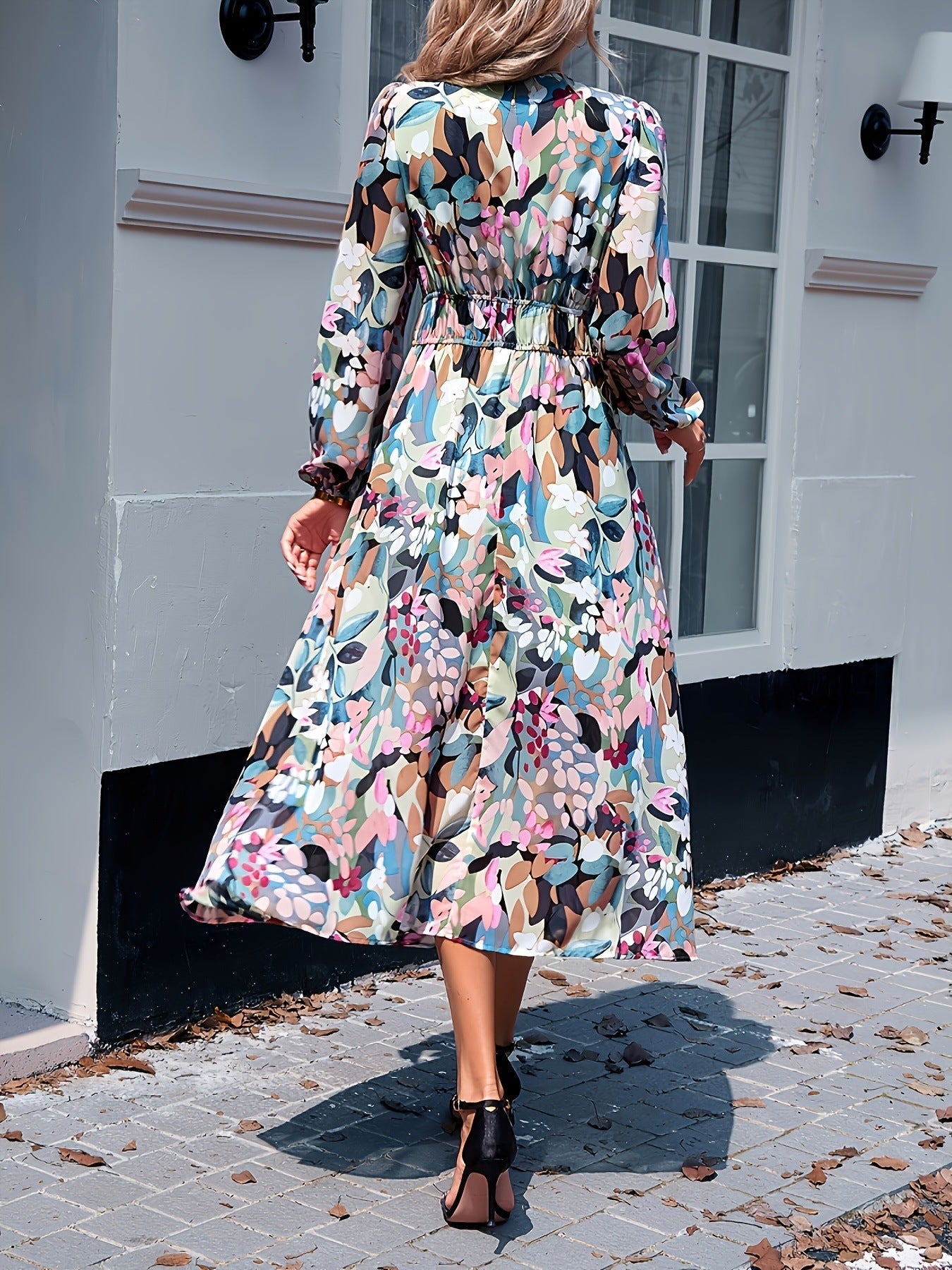 Floral Print Long Sleeve Wedding Guest Midi Dress