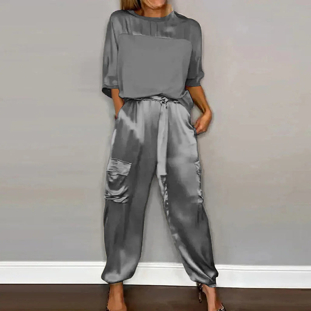 Zweiteiler Satin Bluse Grau