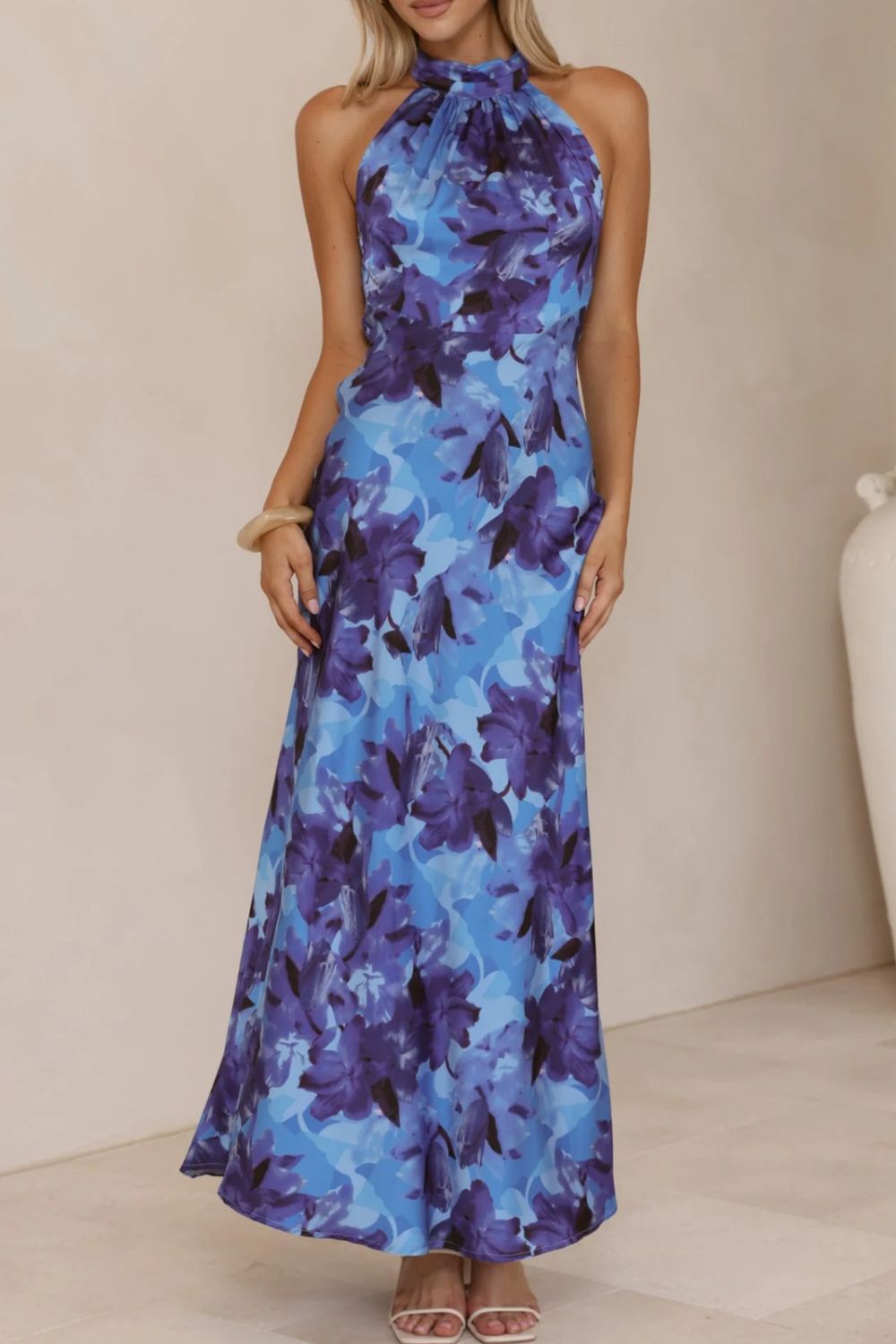 Floral Print Halter Neck Maxi Dress with Slit