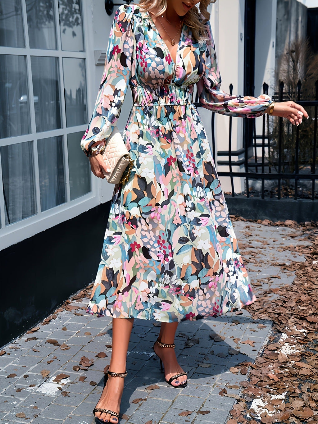 Floral Print Long Sleeve Wedding Guest Midi Dress