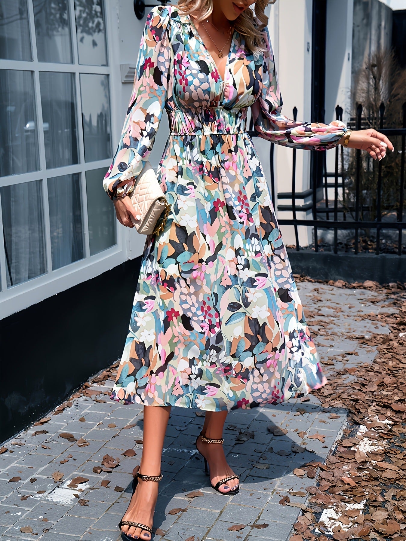 Floral Print Long Sleeve Wedding Guest Midi Dress