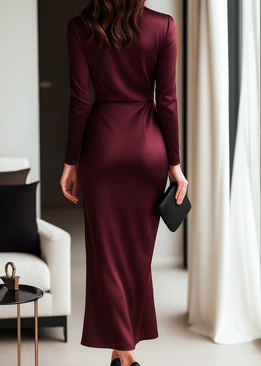 Long Sleeve Satin Wrap Dress with Waist Tie
