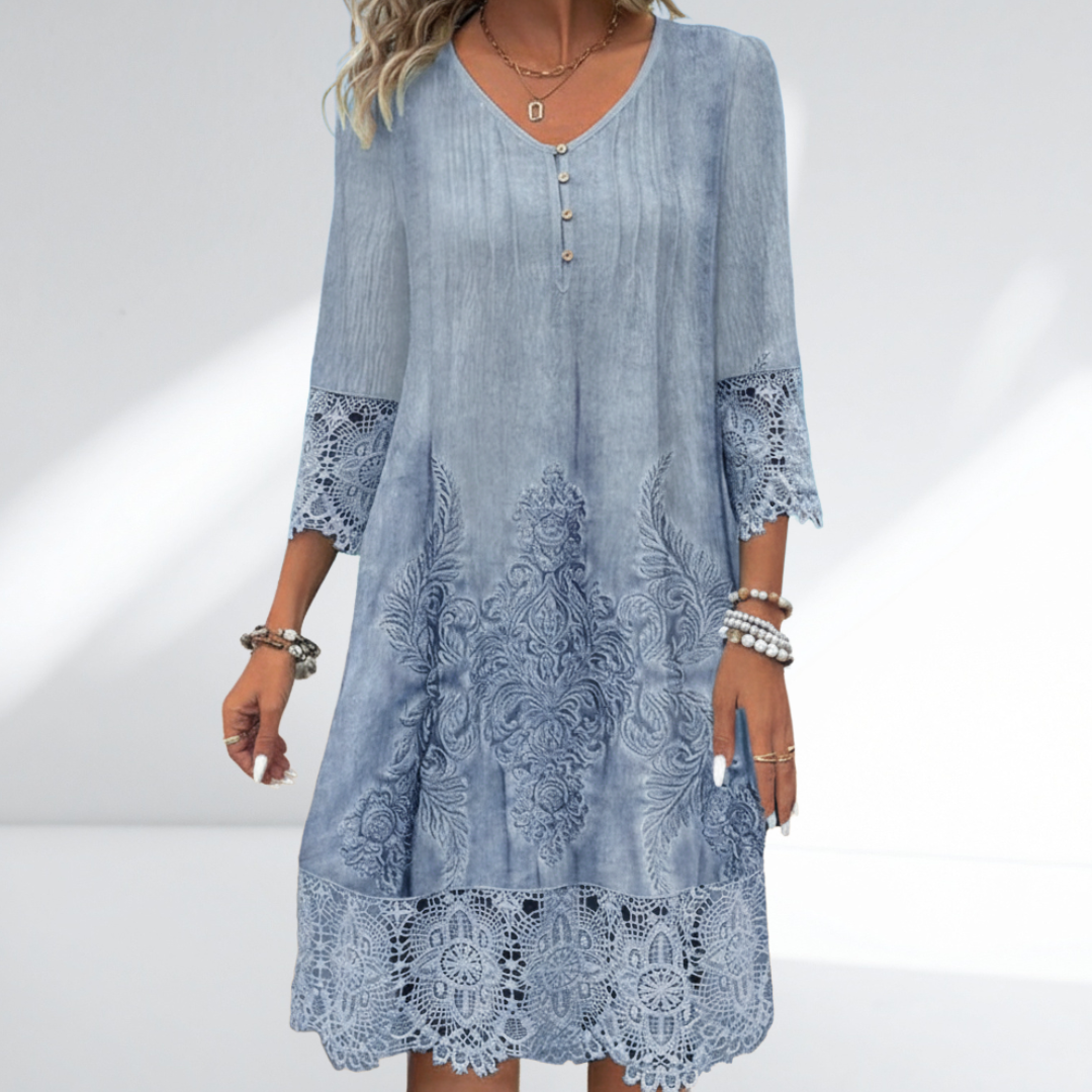 Lace Trim Embroidered Boho Three-Quarter Sleeve Dress