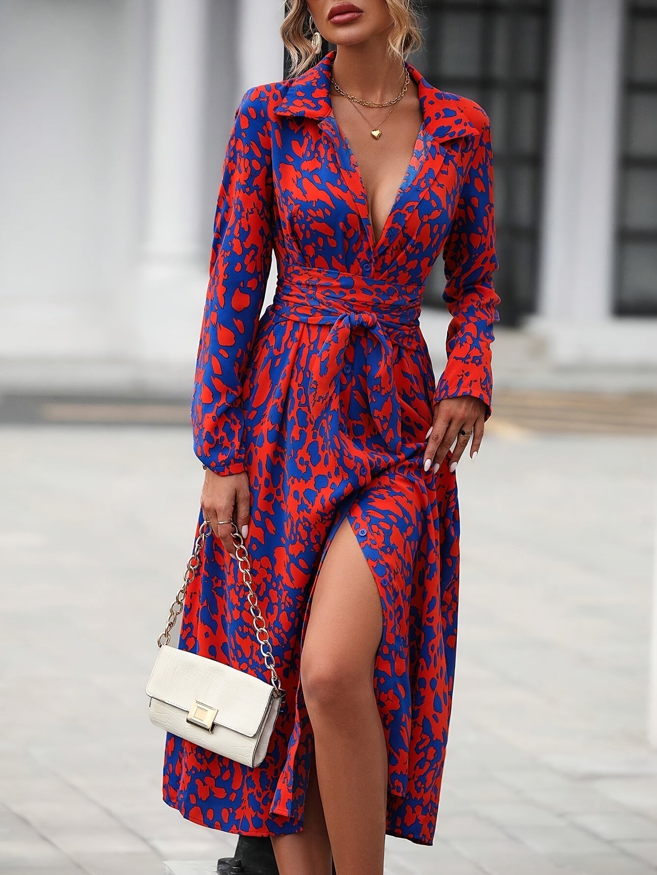 Geometric Print Belted Shirt Dress