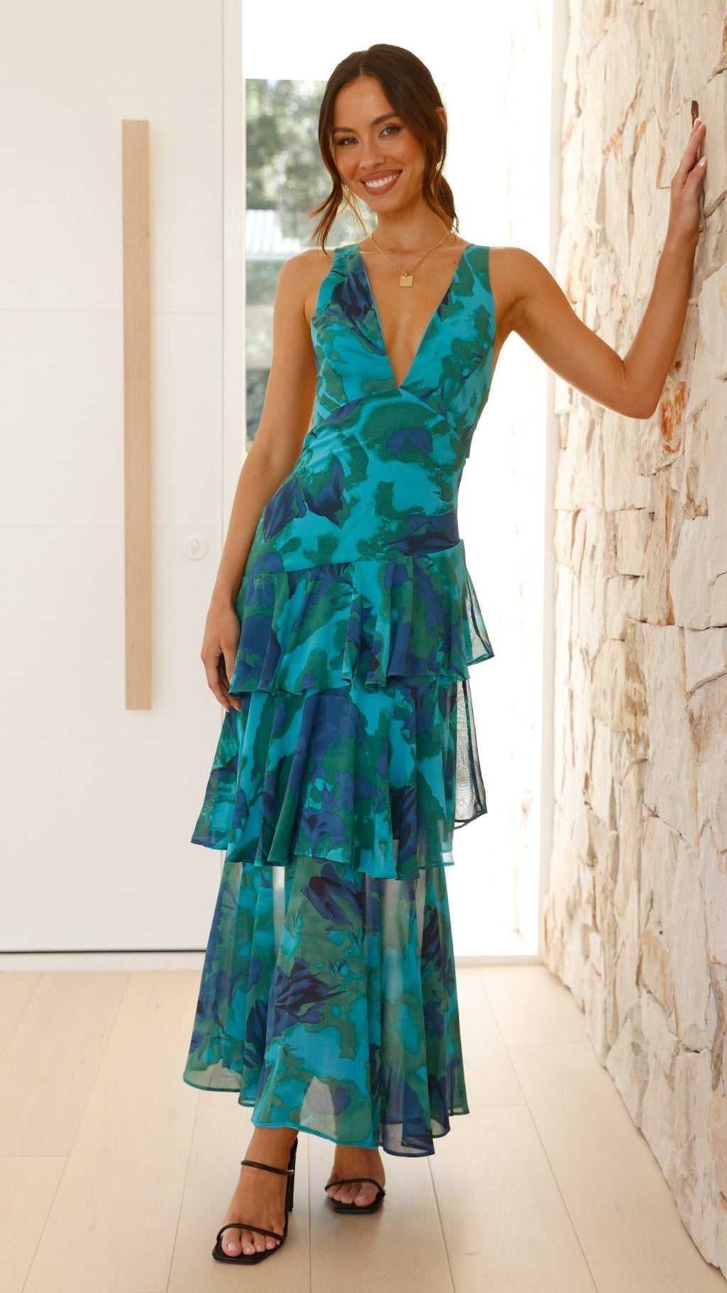Sleeveless V-Neck Layered Wedding Guest Maxi Dress