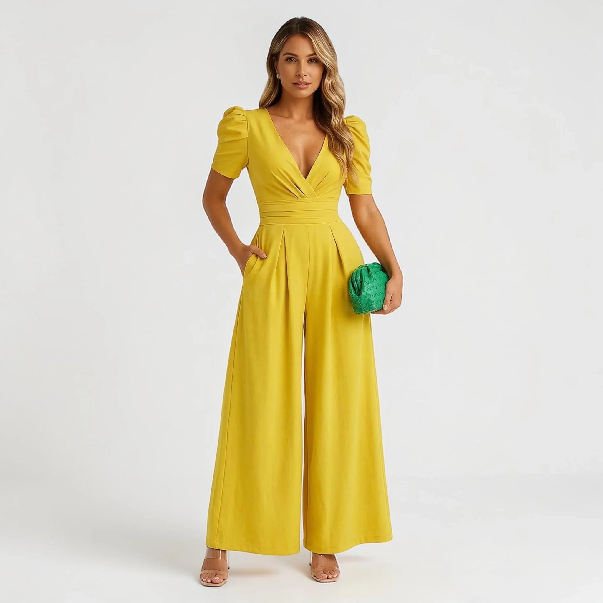 Wide-Leg Puff Sleeve Tailored Jumpsuit