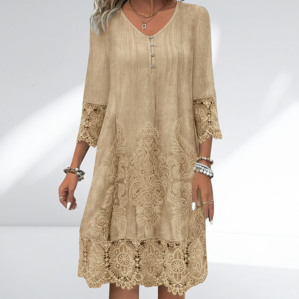 Lace Trim Embroidered Boho Three-Quarter Sleeve Dress