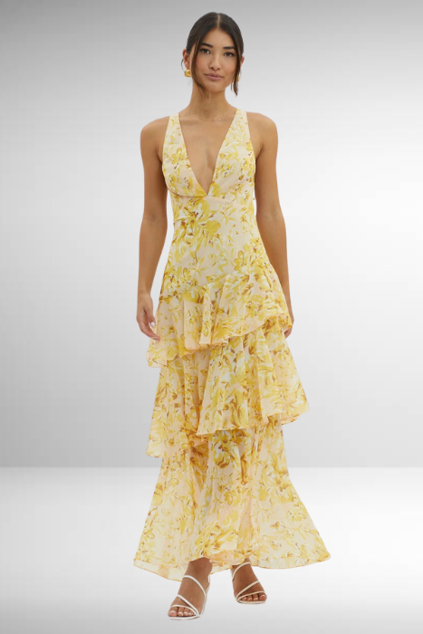 Sleeveless V-Neck Layered Wedding Guest Maxi Dress