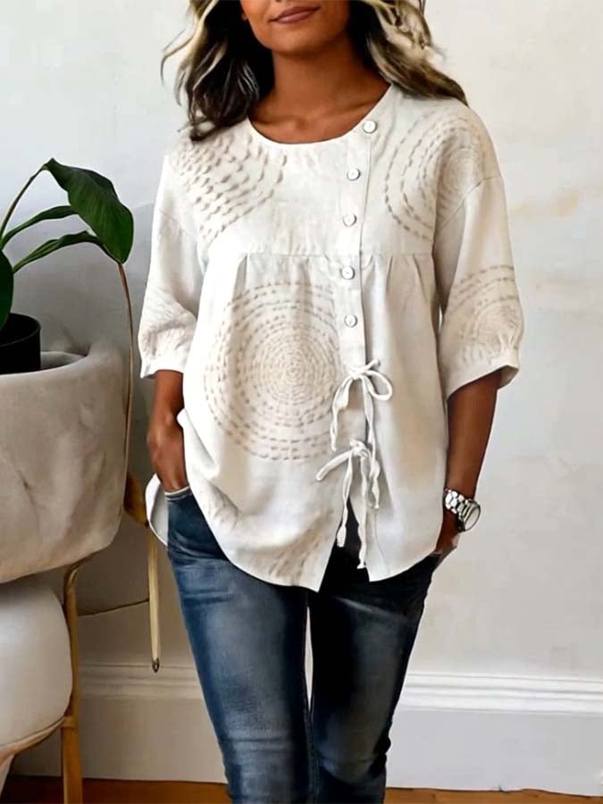 Textured Embroidery Linen Button Blouse