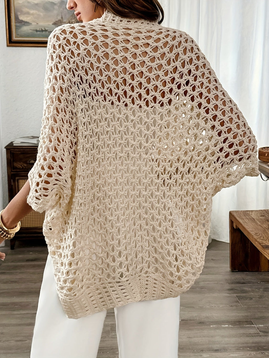 Offene drapierte Strickjacke Beige Detail