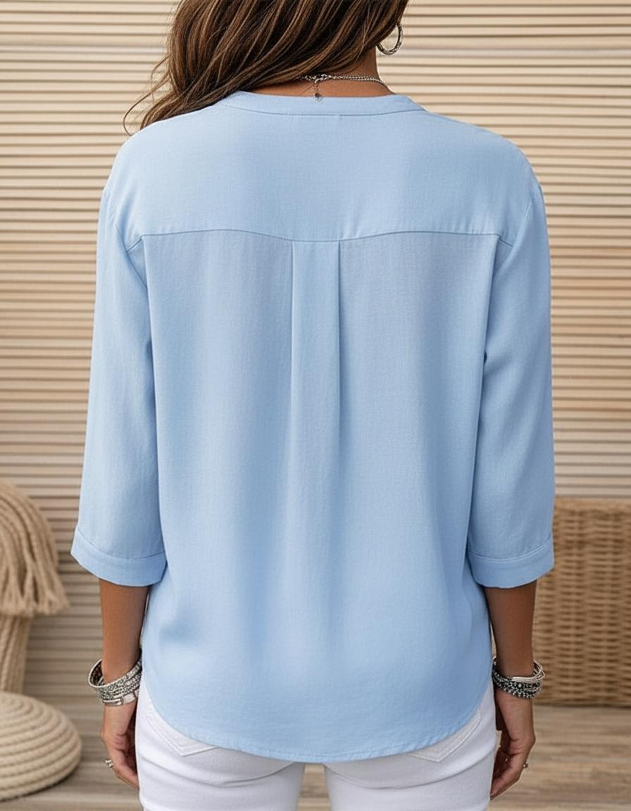 Pleated Button-Front Three-Quarter Sleeve Blouse