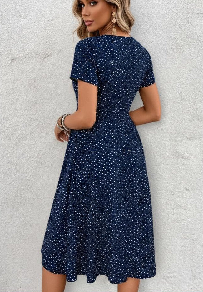 Polka Dot Button-Front V-Neck Occasion Midi Dress