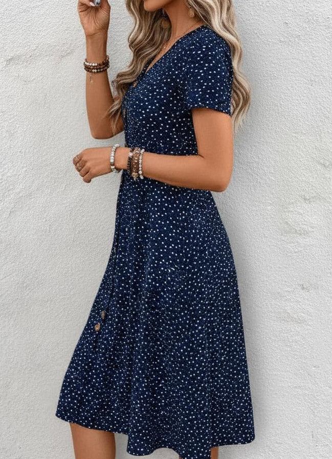 Polka Dot Button-Front V-Neck Occasion Midi Dress