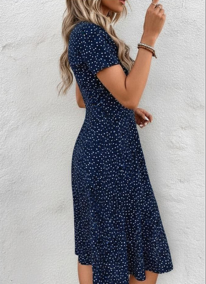 Polka Dot Button-Front V-Neck Occasion Midi Dress