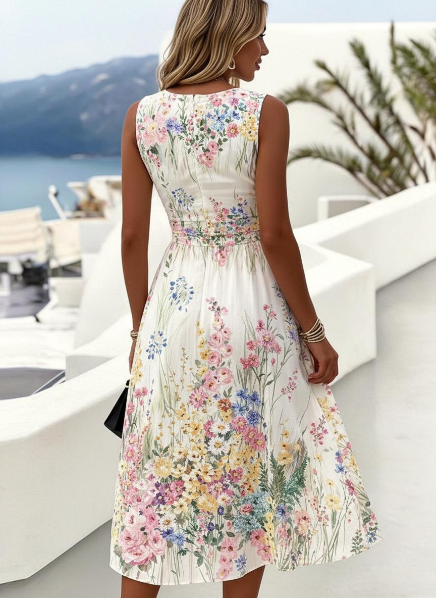Sleeveless Floral Print Garden Party Midi Dress