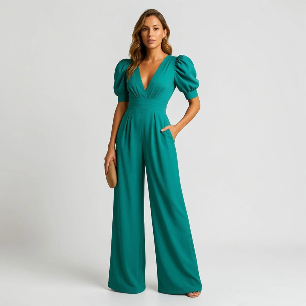 Wide-Leg Puff Sleeve Tailored Jumpsuit