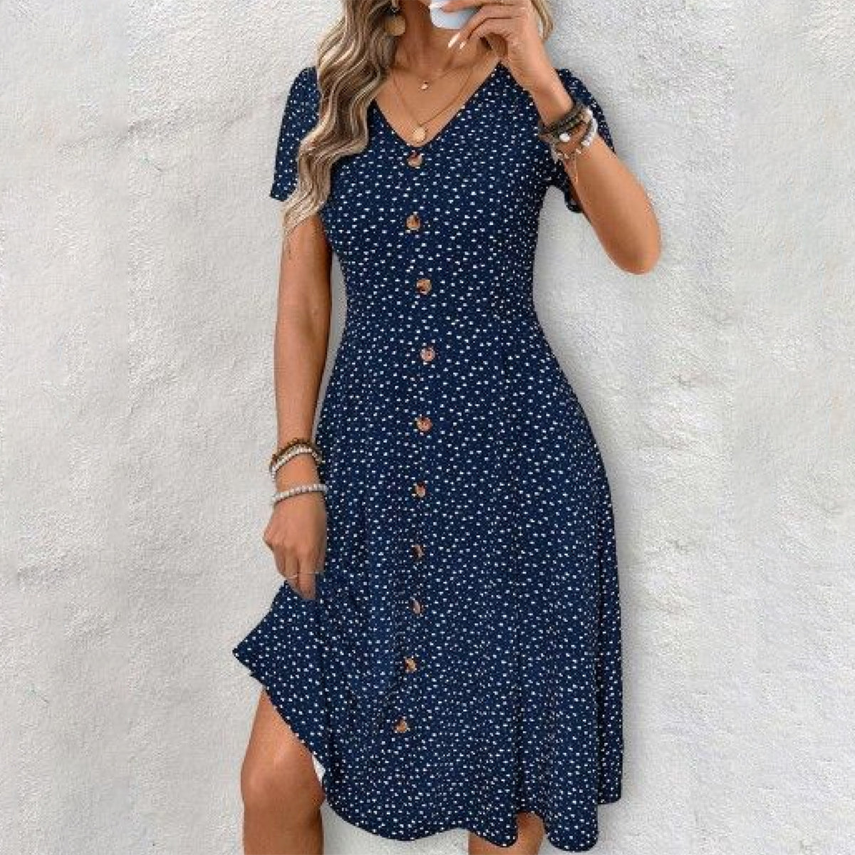 Polka Dot Button-Front V-Neck Occasion Midi Dress