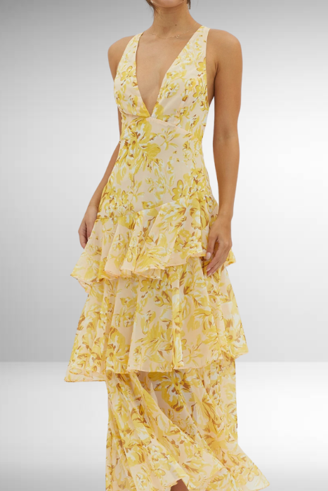 Sleeveless V-Neck Layered Wedding Guest Maxi Dress