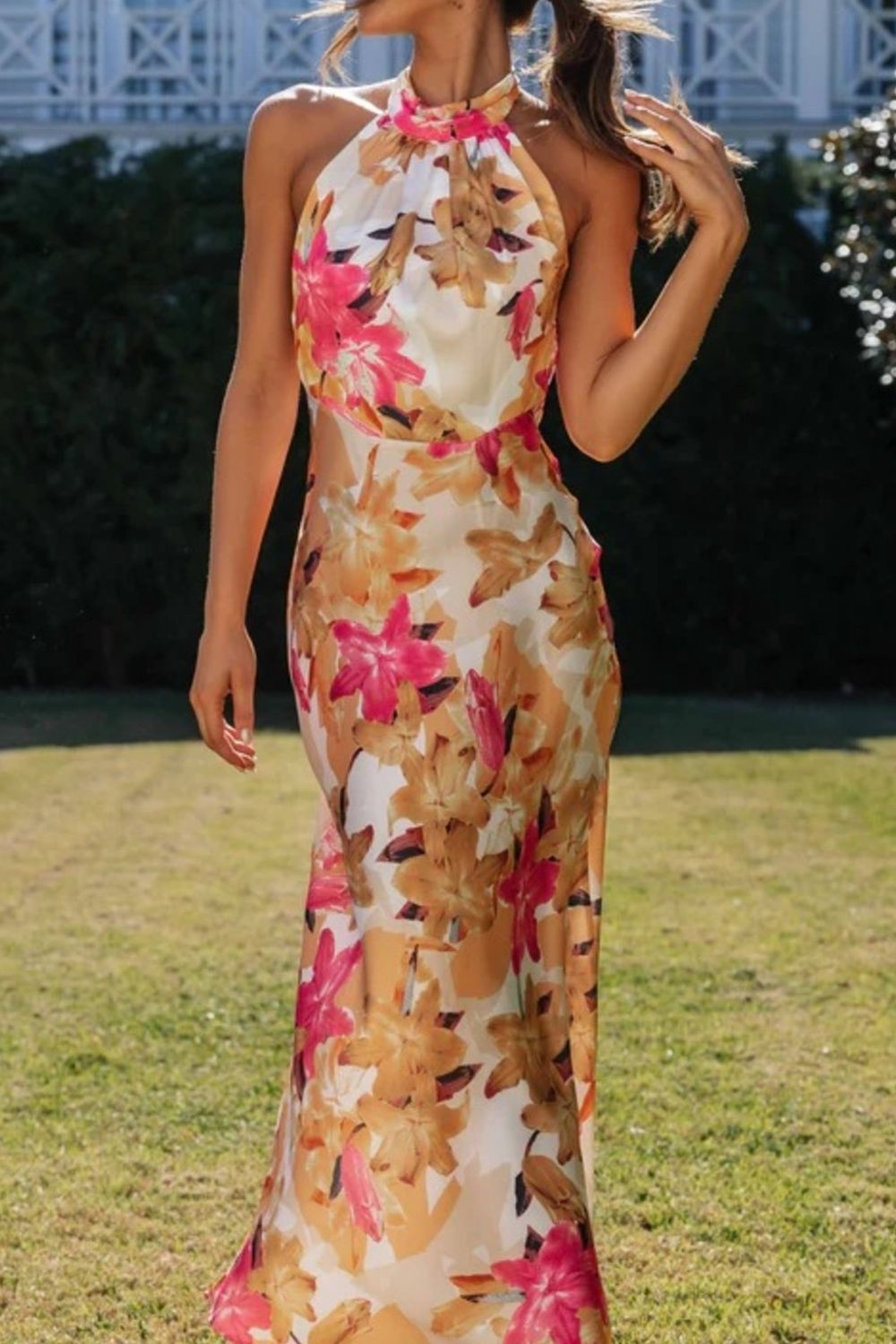 Floral Print Halter Neck Maxi Dress with Slit