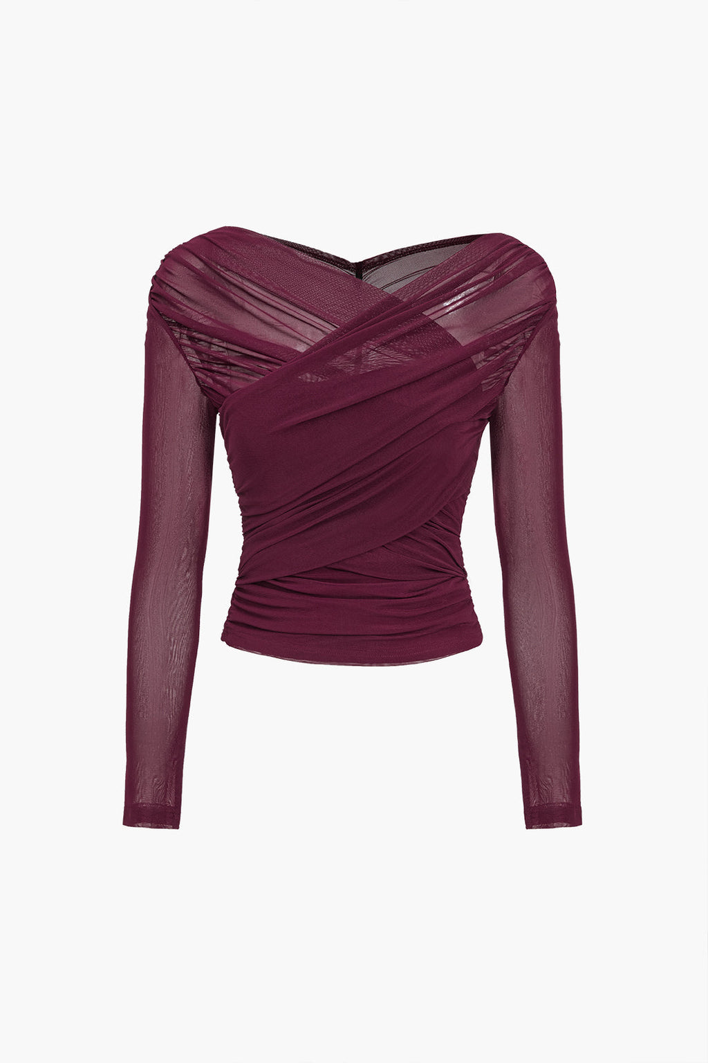 Mesh Top Bordeauxrot Langarm gerafft