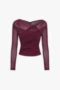 Mesh Top Bordeauxrot Langarm gerafft