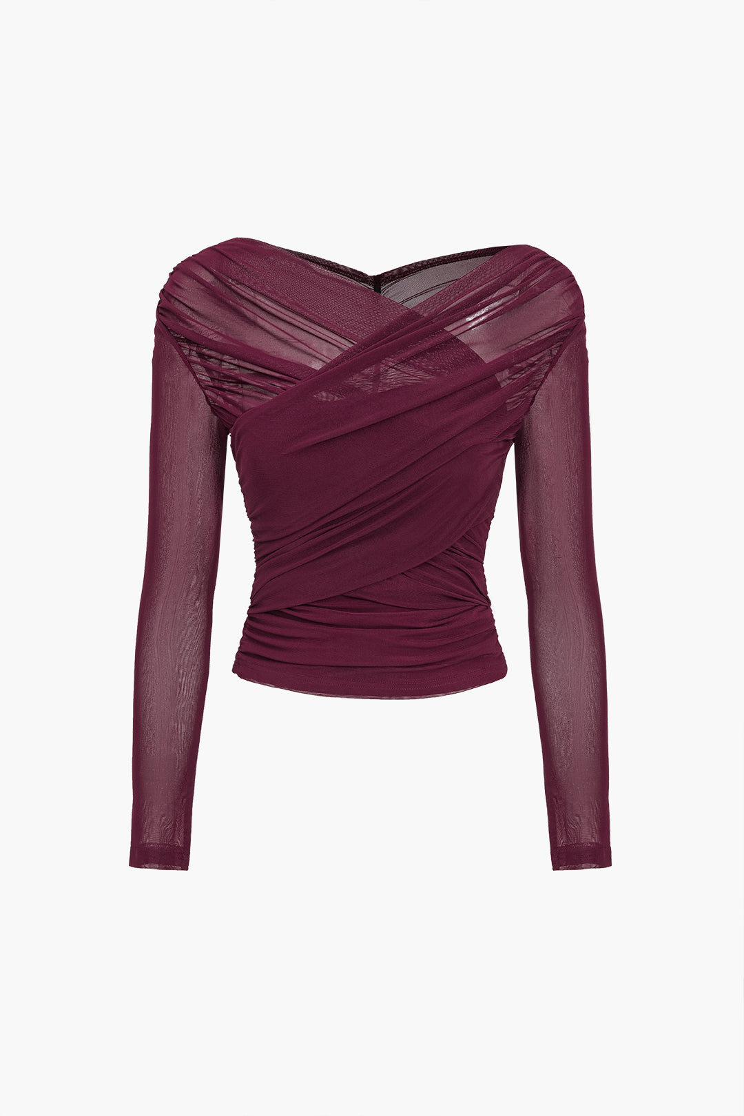 Mesh Top Bordeauxrot Langarm gerafft