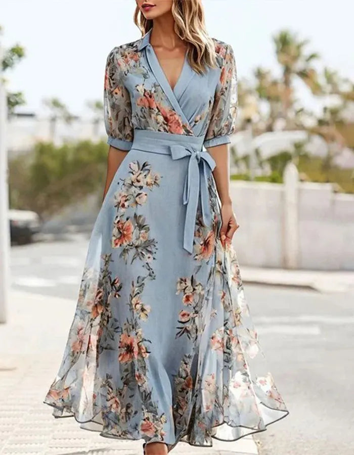Lapel Collar Printed Wedding Guest Midi Dress