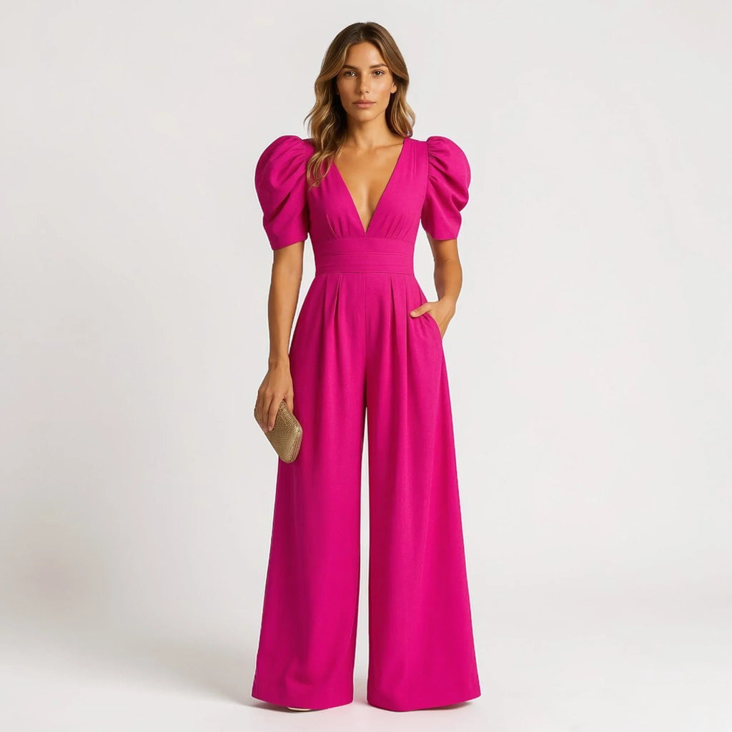 Wide-Leg Puff Sleeve Tailored Jumpsuit