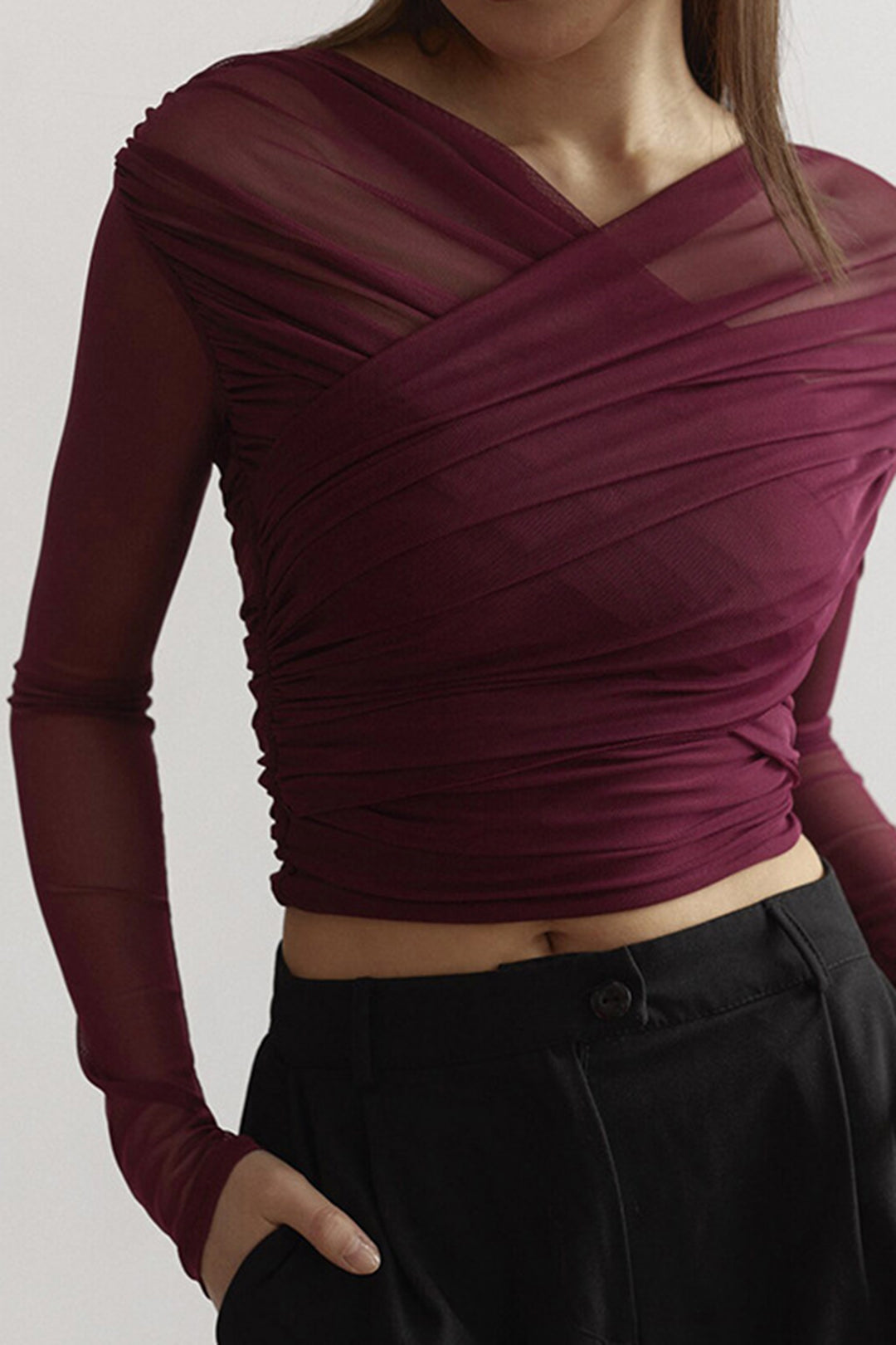 Mesh Top Langarm gerafft figurbetont