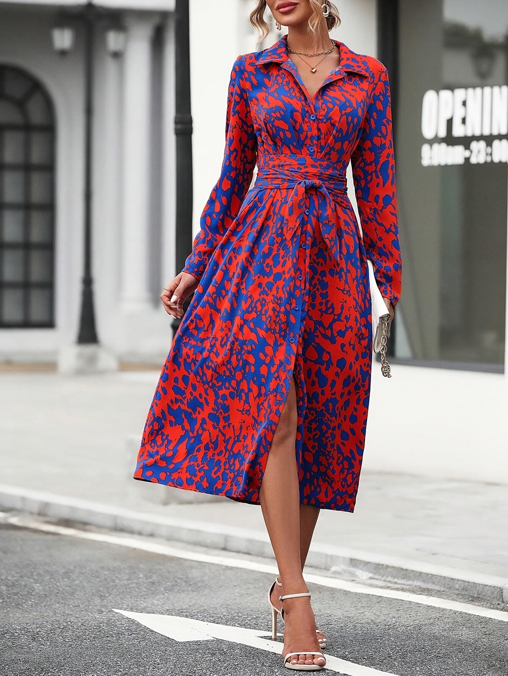 Geometric Print Belted Shirt Dress