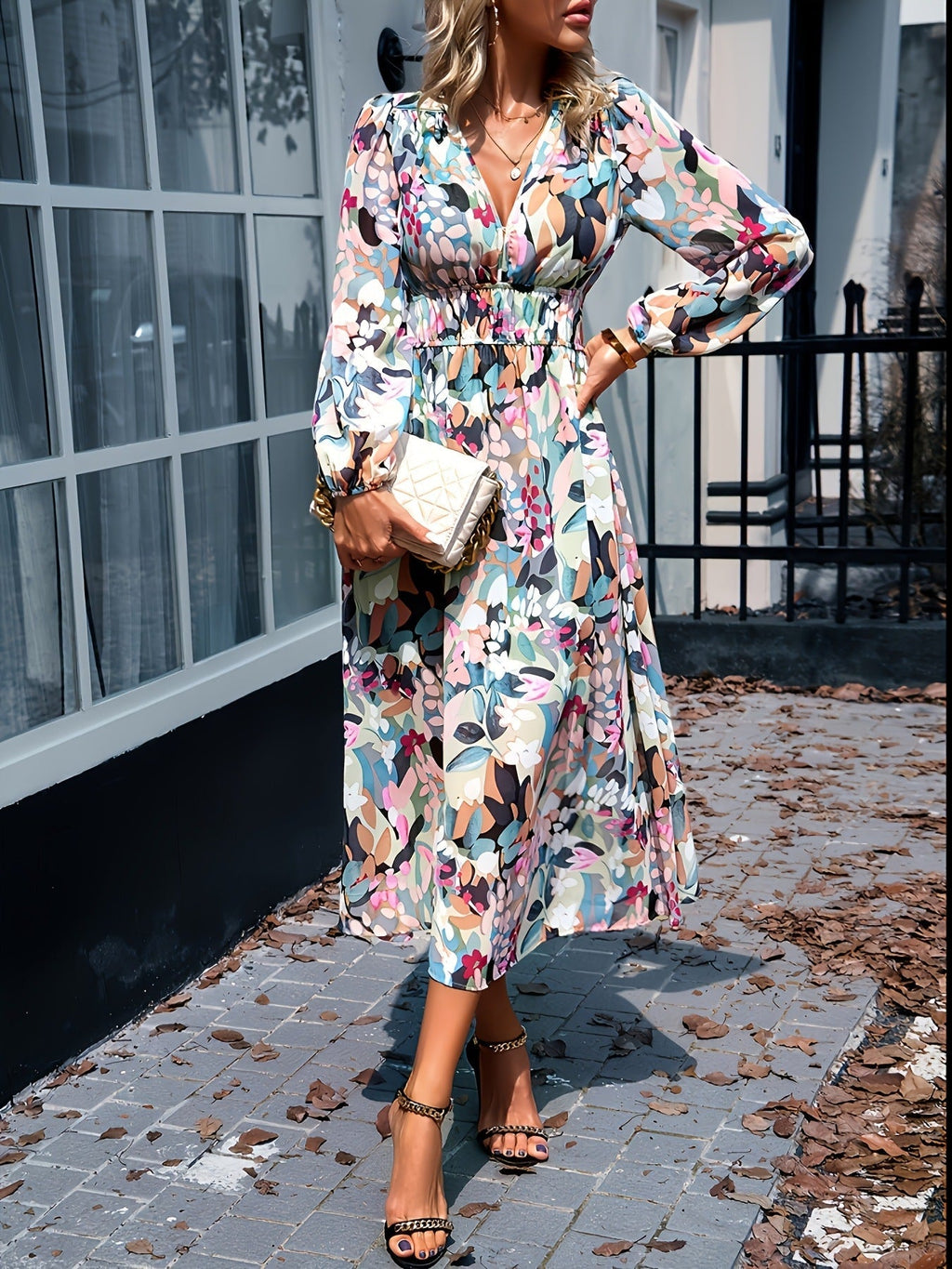 Floral Print Long Sleeve Wedding Guest Midi Dress