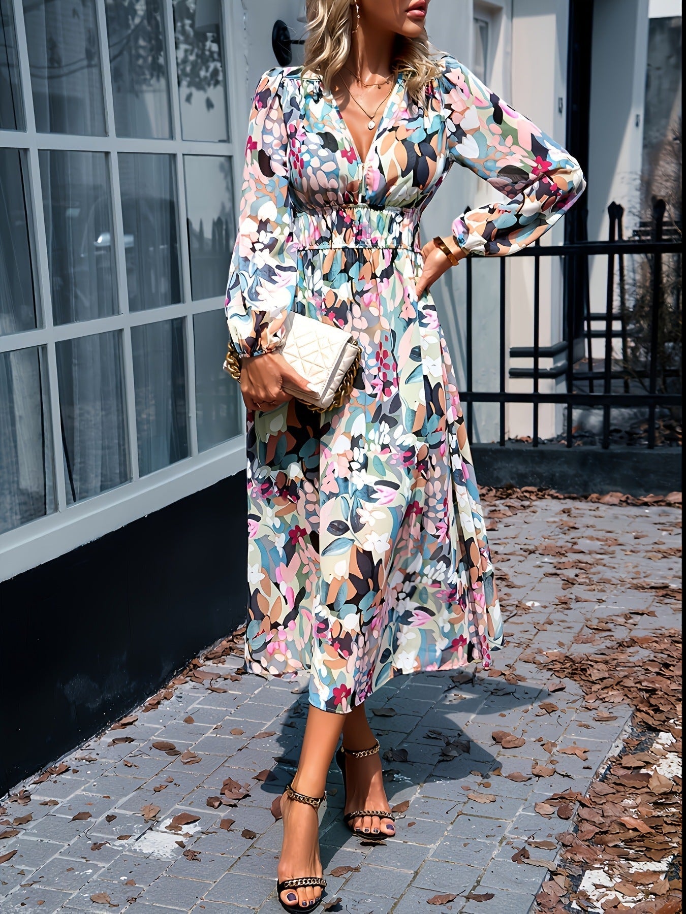 Floral Print Long Sleeve Wedding Guest Midi Dress