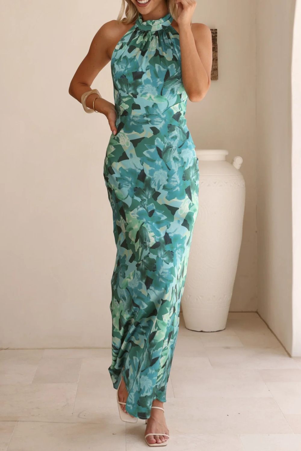 Floral Print Halter Neck Maxi Dress with Slit
