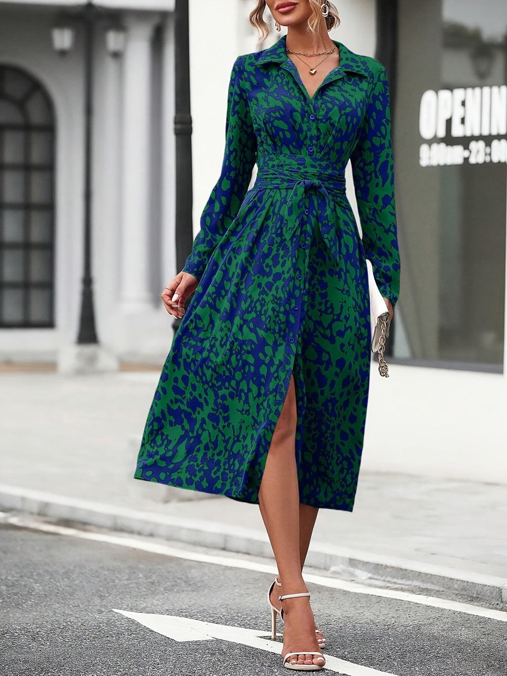 Geometric Print Belted Shirt Dress
