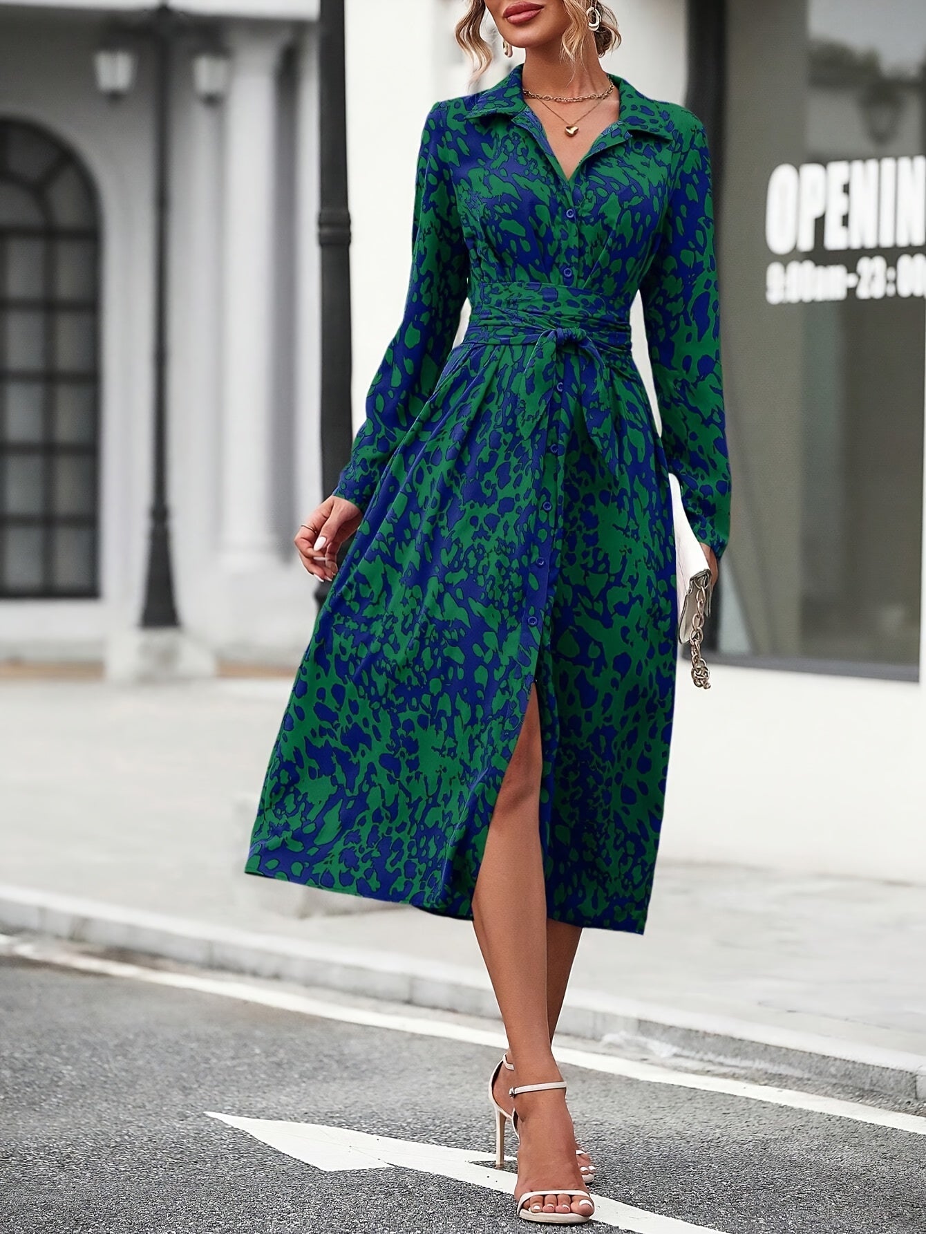 Geometric Print Belted Shirt Dress