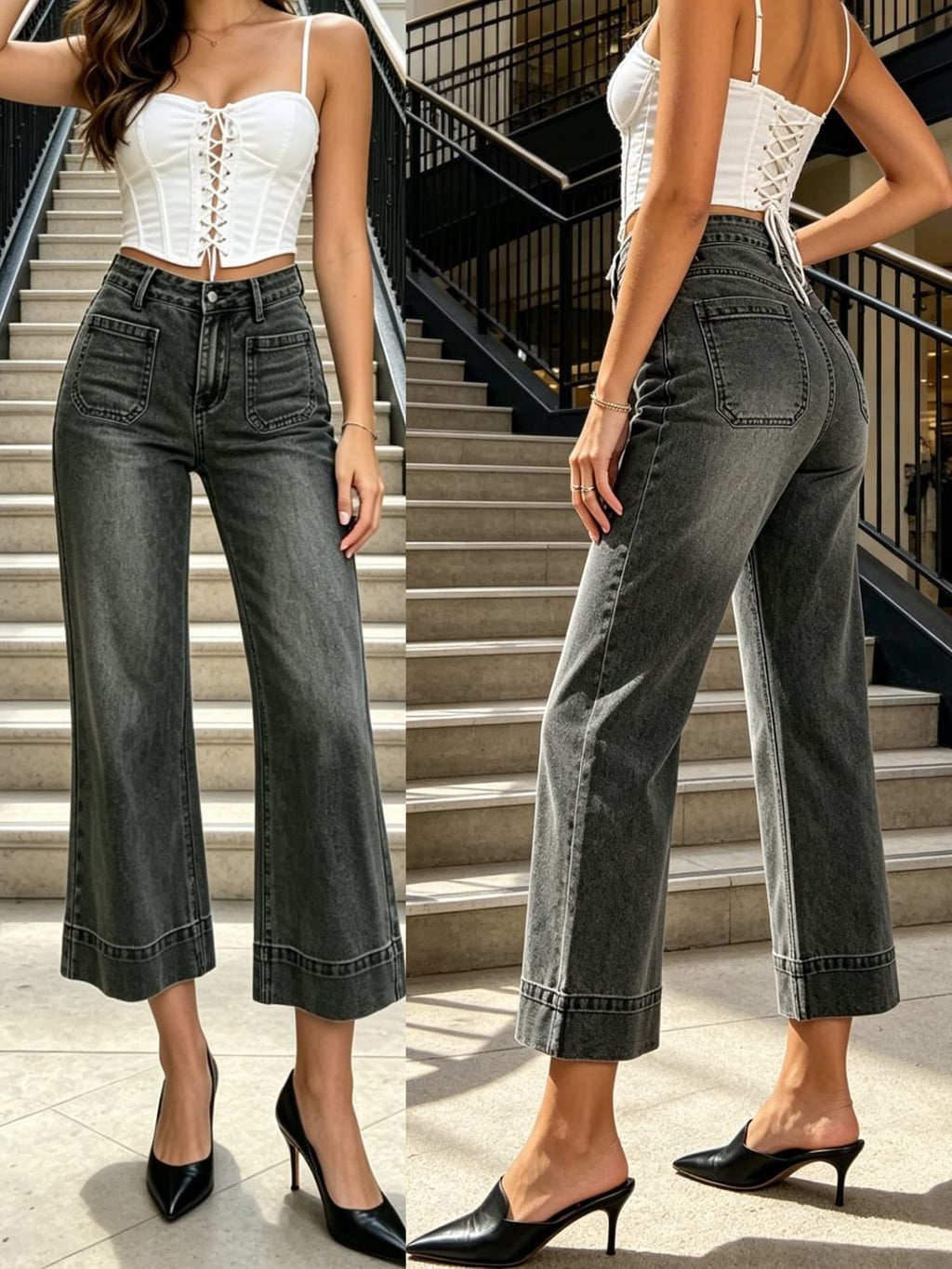 Cropped Wide-Leg Jeans mit hoher Taille und aufgesetzten Taschen