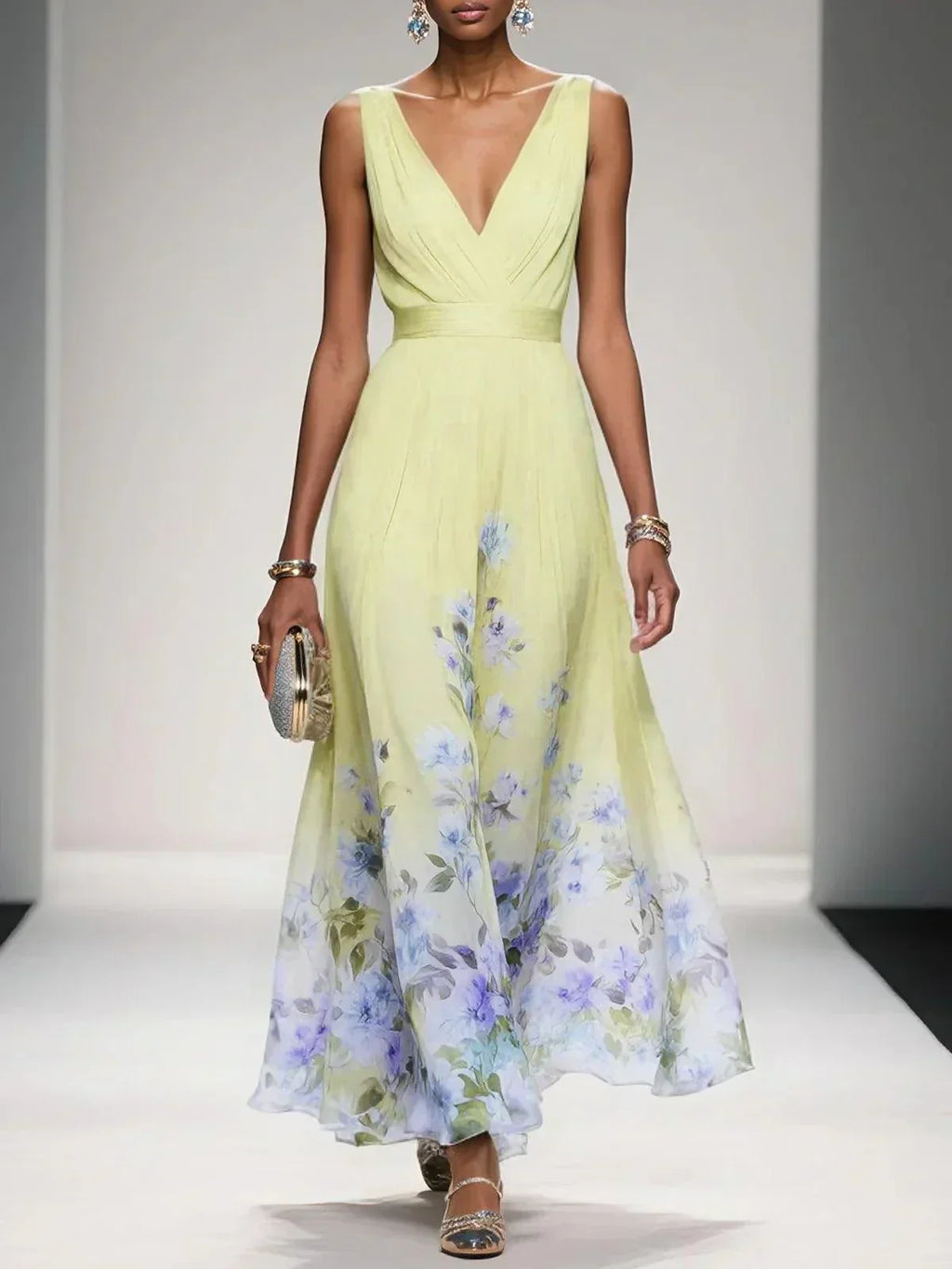 Carolin | Damen Florales Chiffon Sommer Maxikleid